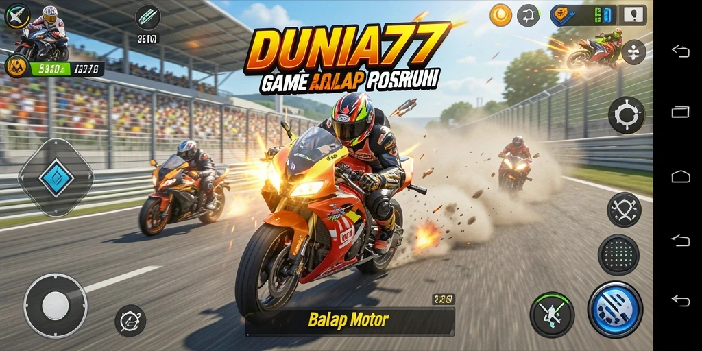 Antarmuka game DUNIA77 menampilkan aksi balap motor yang mendebarkan.