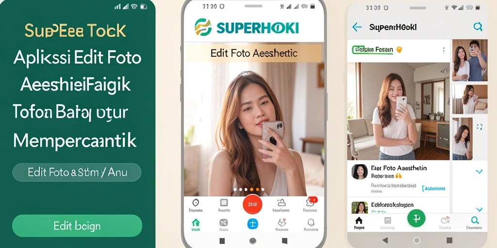 Antarmuka aplikasi SUPERHOKI dengan fitur edit foto aesthetic.
